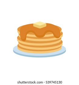 Pancakes on plate with cream and maple syrup sweet vector illustration. Tasty holiday cake food isolated on white