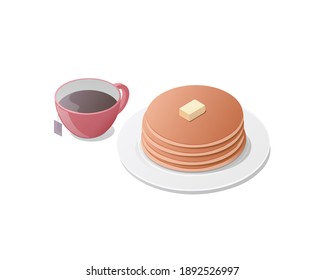 Pancakes on a plate and a cup of tea. Colored vector illustration. Isolated on white background.