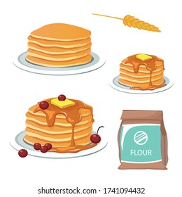 pancakes on a plate and flour in a pack vector illustration