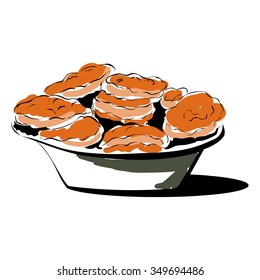 pancakes on a plate, pies, sketch, baking, vector illustration.