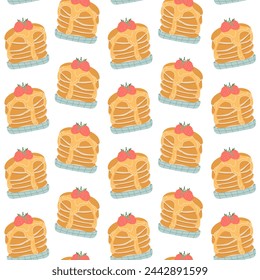 Pancakes on a plate with raspberries in flat style. Food pattern, baking pattern. Seamless pattern for textile, wrapping paper, background.	