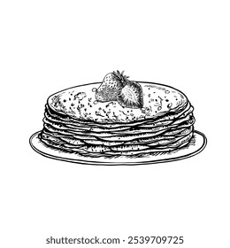 Panqueques en un plato con fresas. Dibujo gráfico de Vector para las vacaciones de Maslenitsa. Ilustración dibujada a mano en blanco y negro. Sobre un fondo blanco. Para menús, carteles, recetas, invitaciones.