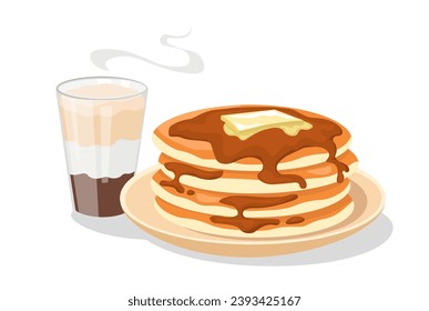 Pancakes on plate. Traditional and healthy morning breaklfast with hot drink. Tea or coffee with cakes in butter and syrup. Homemade dessert and delicacy. Cartoon flat vector illustration