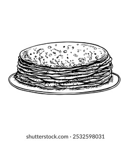 Panqueques en un plato. Dibujo gráfico Vector de panqueques. Una ilustración de comida dibujada a mano en blanco y negro. Sobre un fondo blanco. Ideal para un menú, cartel o etiqueta y recetas de cocina e invitaciones