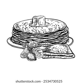 Panqueques en un plato. Dibujo gráfico Vector de panqueques con fresas. Ilustración dibujada a mano en blanco y negro. Sobre un fondo blanco. Para menús, carteles o etiquetas, para recetas, invitaciones.