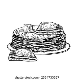 Panqueques en un plato. Dibujo gráfico Vector de panqueques. Una ilustración de comida dibujada a mano en blanco y negro. Sobre un fondo blanco. Ideal para un menú, cartel o etiqueta y recetas de cocina e invitaciones