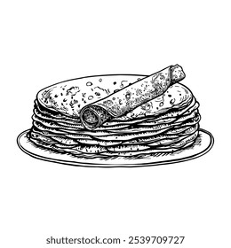 Panqueques en un plato. Dibujo gráfico de Vector. Ilustración de comida dibujada a mano en blanco y negro. Sobre un fondo blanco. Para menús, carteles o etiquetas, así como para recetas de cocina, invitaciones, Anuncios.