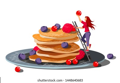 Pancakes on the plate with woman on the stairs. Vector illustration for breakfast, cooking, recipes. Poster, banner, card, cover design.