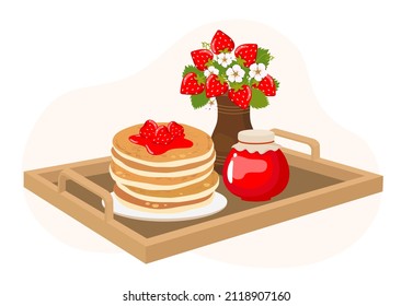 Pancakes on a tray with strawberries and jam. Vector clipart.