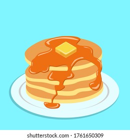 Pancakes on white plate with honey, maple syrup, and Butter. Vector illustration on blue sky background.