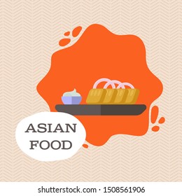 Pancakes with onions and sauce asian food. Fresh dish for cafe or restaurant menu. Food vector graphic.
