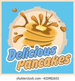 Pancakes with orange juice, coffee and battery symbol on blue background