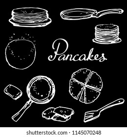 Pancakes and pan hand drawn vector doodle illustration set white on blackboard