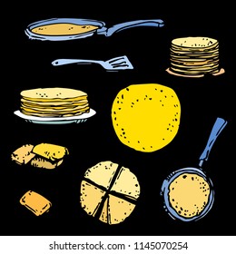 Pancakes and pan hand drawn vector doodle illustration set