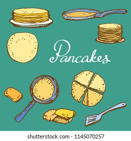 Pancakes and pan hand drawn vector doodle illustration set
