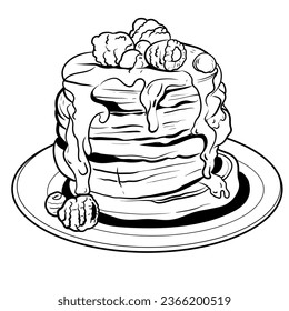 pancakes, pastries, sweets, tasty Breakfast in the vector graphics vintage pancake drawing. Hand drawn monochrome food illustration. Great for menu, poster or label.