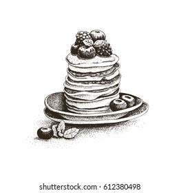 pancakes, pastries, sweets, tasty Breakfast in the vector graphics, hand-drawn, engraving, decoration of fruit, cake, cute greeting card, menu design restaurant, cafe, bakeries, cozy kitchen