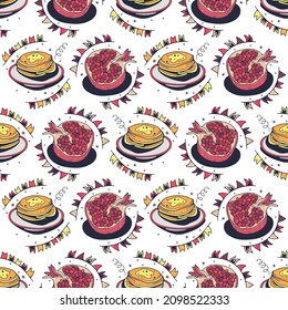 Pancakes and pomegranates. Seamless pattern on a white background. Cute vector illustration.