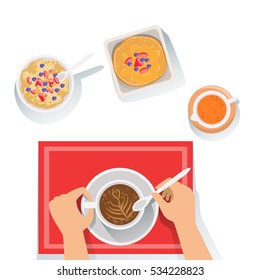 Pancakes, Porridge And Coffee Classic Breakfast Food Products And Menu Items