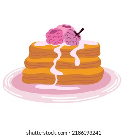 Pancakes with raspberries and caramel. Sweet dessert. Healthy eating. Breakfast. Perfect for printing, poster, menu and restaurant. Vector flat illustration isolated on the white background. 