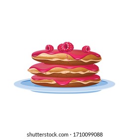 Pancakes with raspberries and jam realistic vector illustration. Dessert on blue plate. Served breakfast, flour confection. Flapjacks with syrup and berries 3d isolated object on white background