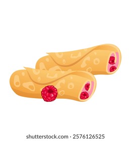 Pancakes with raspberry cheese in flat design. Morning rolls with berries. Vector illustration isolated.