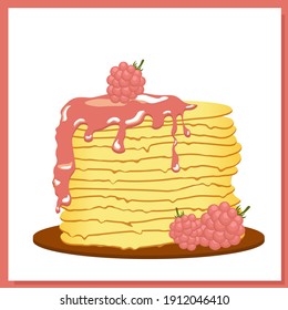 Pancakes. Raspberry jam. Pancake week. Spring festival meeting. isolated on white background. Vector illustration.