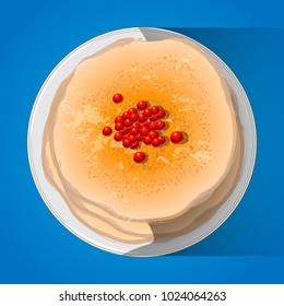 Pancakes and red caviar. Russia s traditional food for Maslenitsa. Isolated on blue.