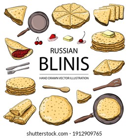 Pancakes, Russian blinis with strawberries, cherry, butter.  Hand drawn color sketch set, Isolated on white background. Vector illustration. For Shrovetide