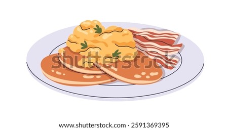 Pancakes, scrambled eggs and bacon served on plate. Breakfast dish with pan cakes and pork slices. Traditional morning meal, cooked food. Flat graphic vector illustration isolated on white background