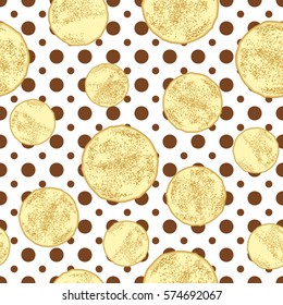 Pancakes seamless pattern on white dotted background. Vector illustration. Maslenitsa decoration.
