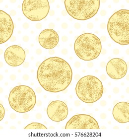 Pancakes seamless pattern on white dotted background. Vector illustration. Maslenitsa decoration.