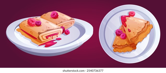 Panqueques servidos con frambuesas sobre fondo aislado. Ilustración de dibujos animados de Vector de pasteles de pan fritos finos enrollados y doblados con mermelada de bayas dulces en el plato, vista superior, iconos de menú de desayuno de café