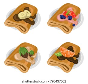 Pancakes set chocolate syrop and banana and fruits flavor Vector icon template retro style dotted backgrounds