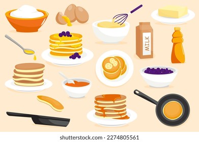 Pancakes Set Konzept im flachen Cartoon-Design auf gelbem Hintergrund. Pfannkuchen, Kochplatten und Zutaten, die zum Kochen benötigt werden. Vektorgrafik.