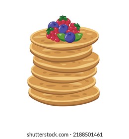 Zum Frühstück werden Pfannkuchen mit köstlichen Papageien serviert. Vektorgrafik-Pancakes-Illustration im Flachstil, einzeln auf weißem Hintergrund.