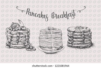 Pancakes set illustration.Pancakes with berries and maple syrup in sketch style.