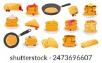 Pancakes set. Pancake in stack and on pan, sweet tasty homemade breakfast with toppings. Food with syrup, nuts, chocolate, berry, neoteric vector clipart