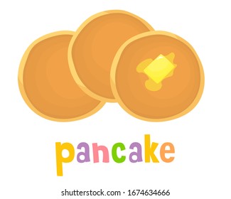 Pfannkuchen mit einem Stück Butter und hellem Text. Vektorillustration im Cartoon-Stil.