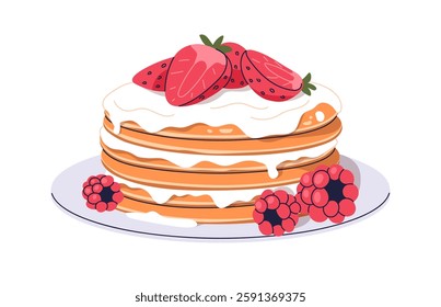 Pancakes stack with berries and cream. Pan cakes with raspberries, strawberries. Dessert served on plate with topping. Traditional breakfast food. Flat vector illustration isolated on white background