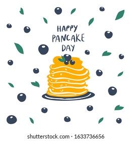 Pancakes stack with berries on plate and freehand drawn quote: happy pancake day. Vector illustration