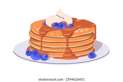 Pancakes stack with blueberries and maple syrup. Sweet breakfast food, pan cakes with caramel topping, whipped cream and berries. Crepe dish. Flat vector illustration isolated on white background