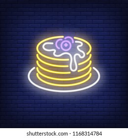 Pancakes stack with blueberries neon sign. Breakfast, morning concept. Advertisement design. Night bright neon sign, colorful billboard, light banner. Vector illustration in neon style.