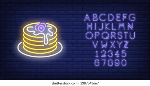 Pancakes stack with blueberries neon sign. Breakfast, morning concept. Advertisement design. Night bright neon sign, colorful billboard, light banner. Vector illustration in neon style.