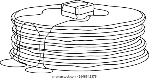 Pancakes Stack with Butter and Syrup Outline Line Art Vector
