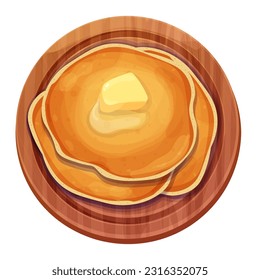 Pancakes se apilan con la vista superior de la mantequilla en placa de madera al estilo de dibujos animados aislados en fondo blanco. El postre en círculo, el desayuno. 