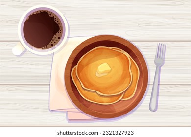 Pancakes stack with butter top view in wooden plate in cartoon style isolated on white background. Circle dessert, breakfast. 