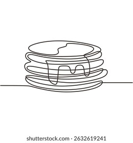 Pancakes stack continuous one line art. Breakfast food dessert sweet meal. Delicious morning food vector.