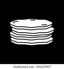 Pancakes stack dark mode glyph icon. Breakfast food. Baked pastry. Sweet cakes. Serving lunch, diner menu. Bistro treat. White silhouette symbol on black space. Vector isolated illustration