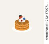 Pancakes stack with different berries and whipped cream on the top. Textured illustration